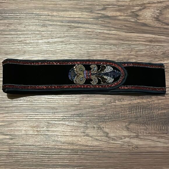 Milor Black Belt With Red Gold Silver Beaded Fleur De Lis Design Trim - Picture 1 of 9